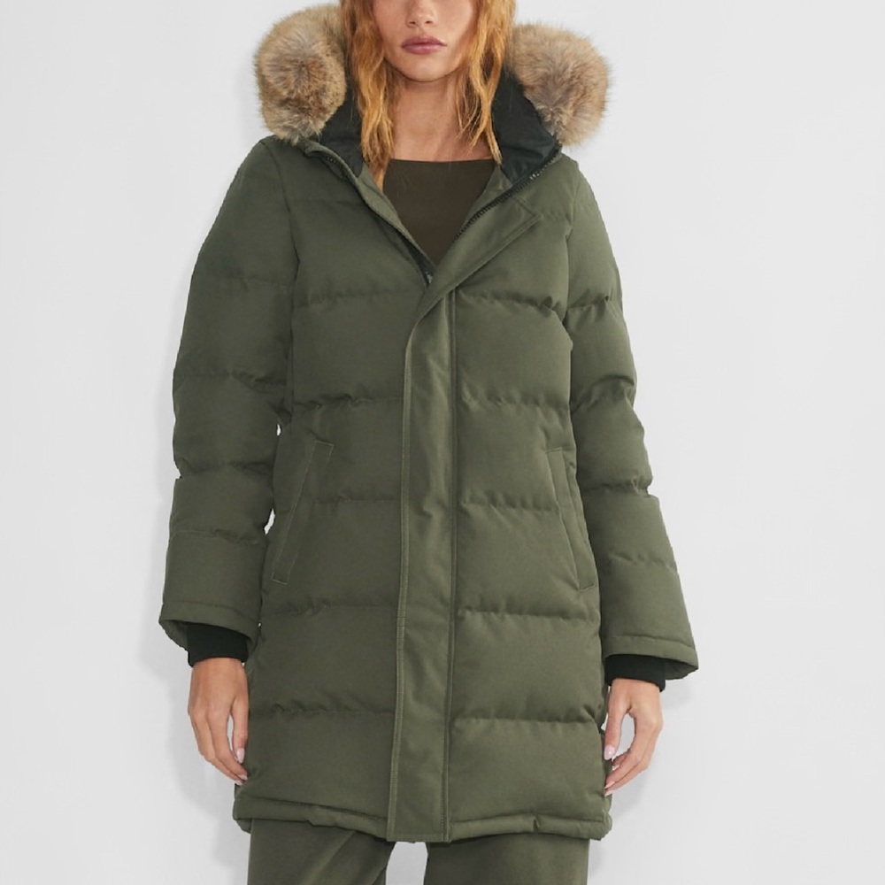 Aritzia TNA The Powder Parka puffer coat in dark olive, size small